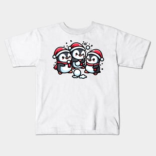 Adorable Cute Penguin Santa Hat Winter Snowball Fight Kids T-Shirt